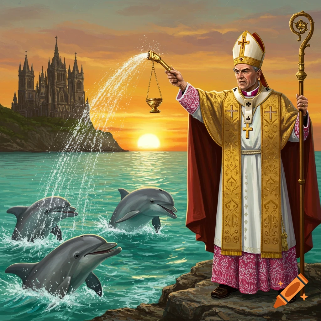 A Catholic bishop splashes holy water on dolphins near a cathedral at sunset.