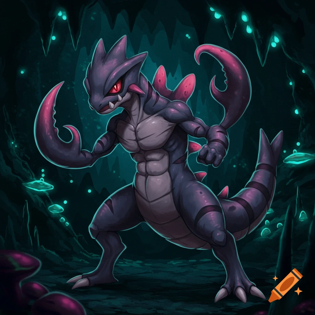 A purple creature like a pokemon stands in a dark cave with glowing mushrooms. Digital art.