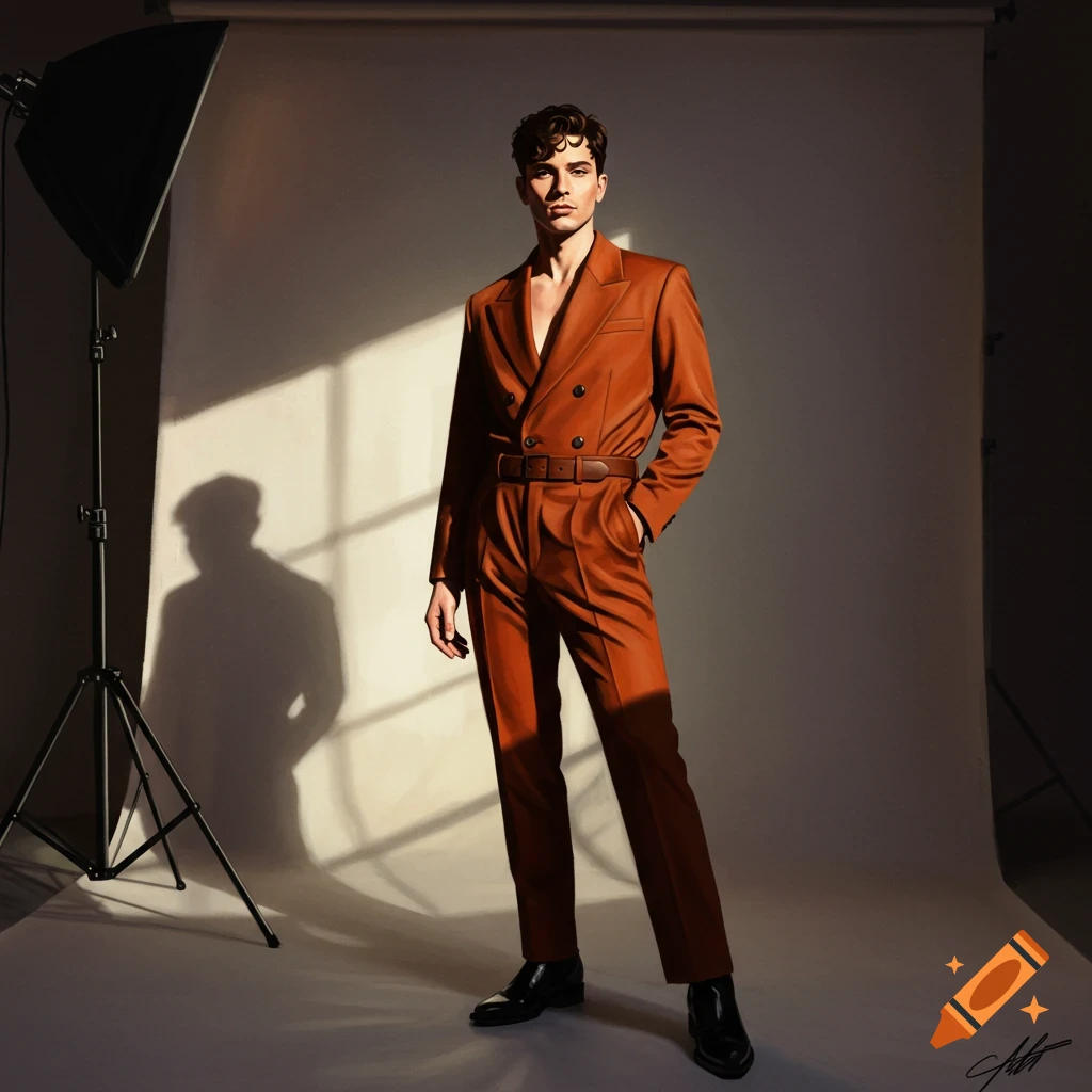 A man in a suit posing in a studio with dramatic lighting.