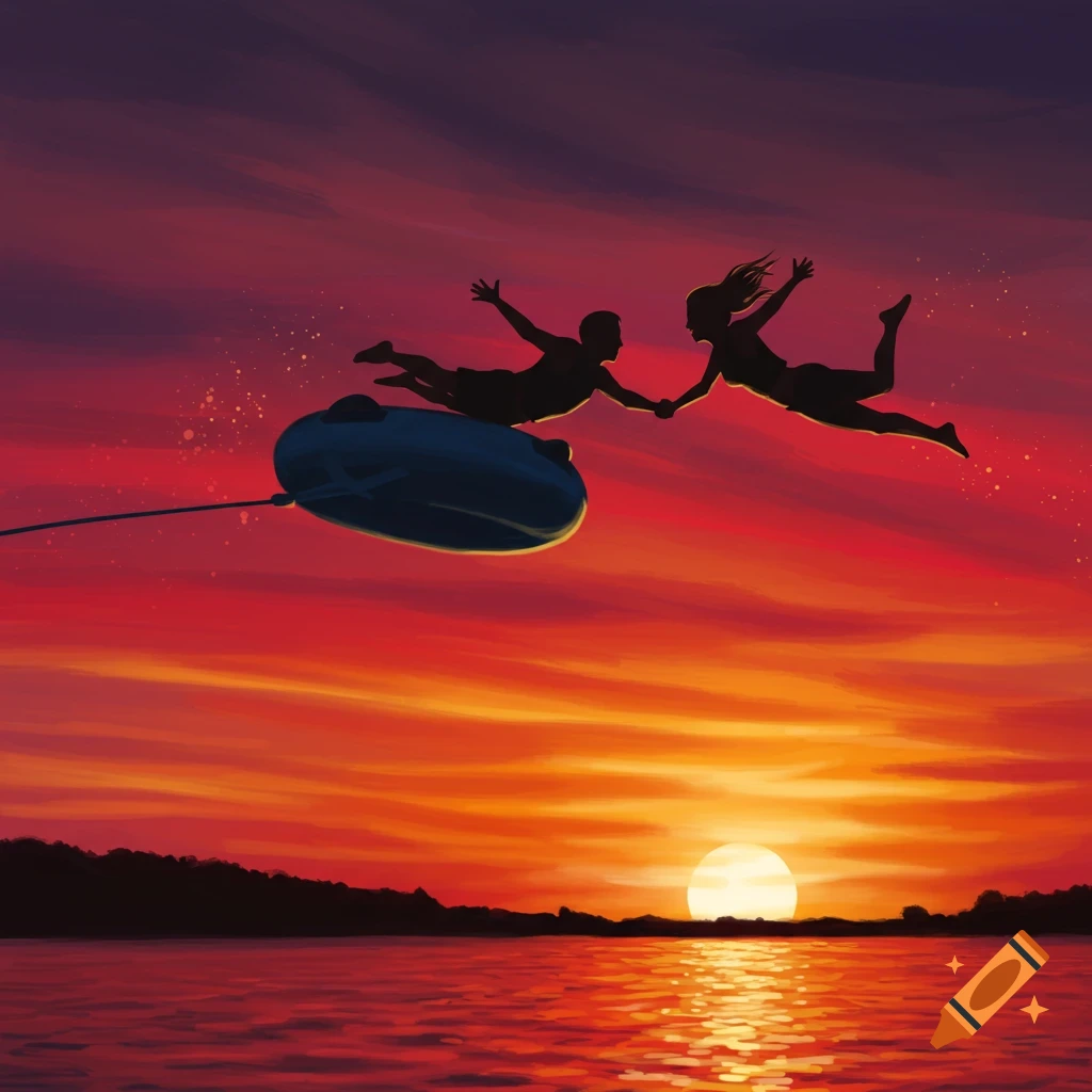 Silhouettes of two people flying from a towable tube against a vibrant sunset over water, digital art.