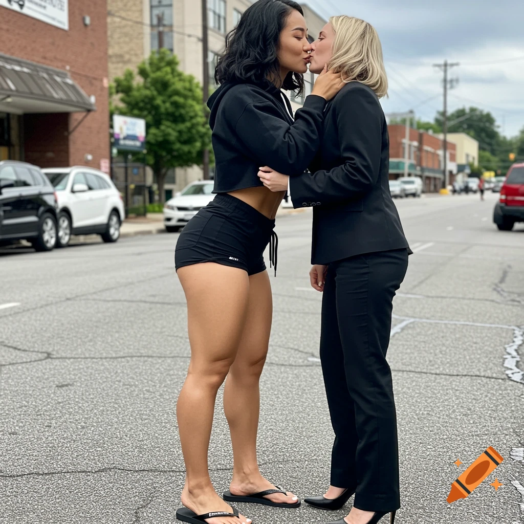 Two women kiss in a street, one in casual shorts and hoodie, the other in a suit.