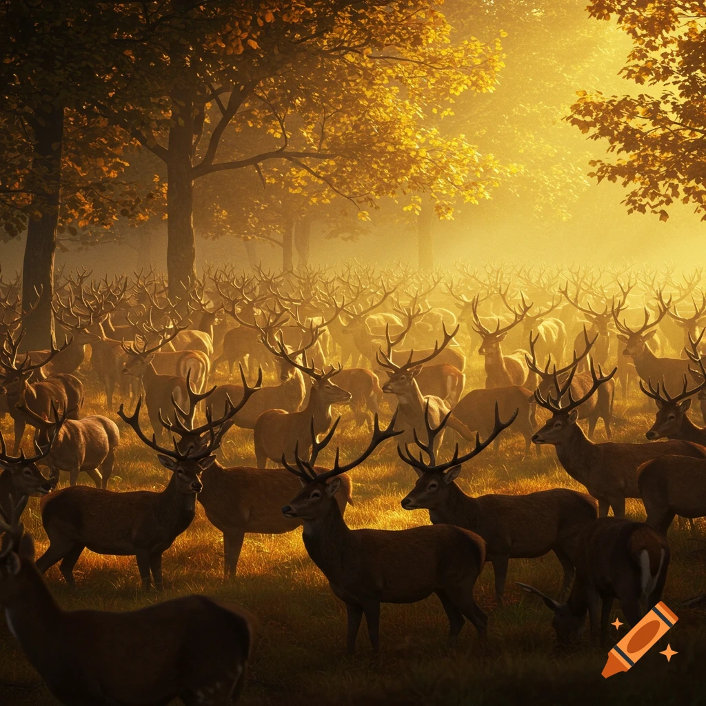 A large herd of male deer with antlers in a golden forest at sunrise.