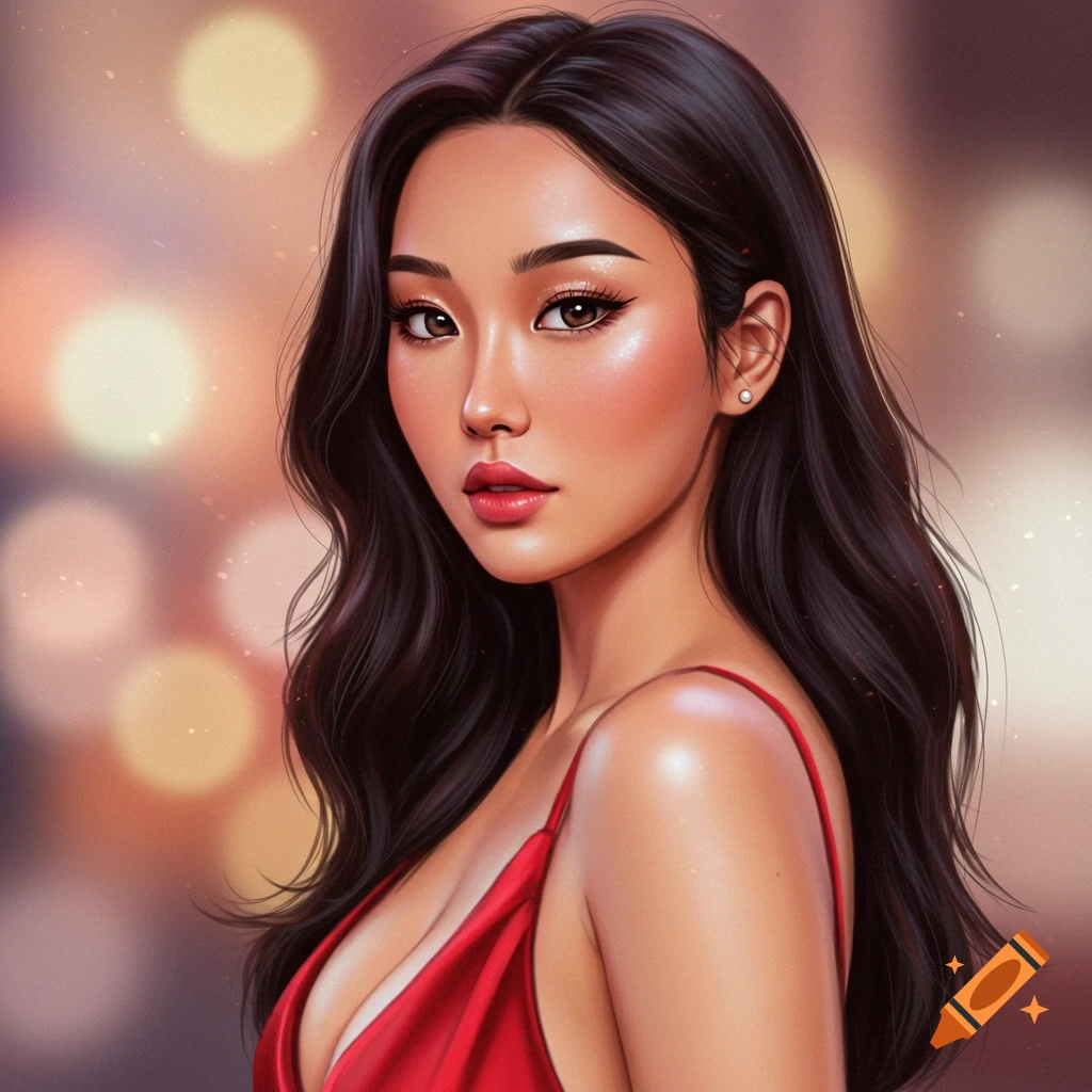 Digital art portrait of an Asian woman in a red dress with long dark hair