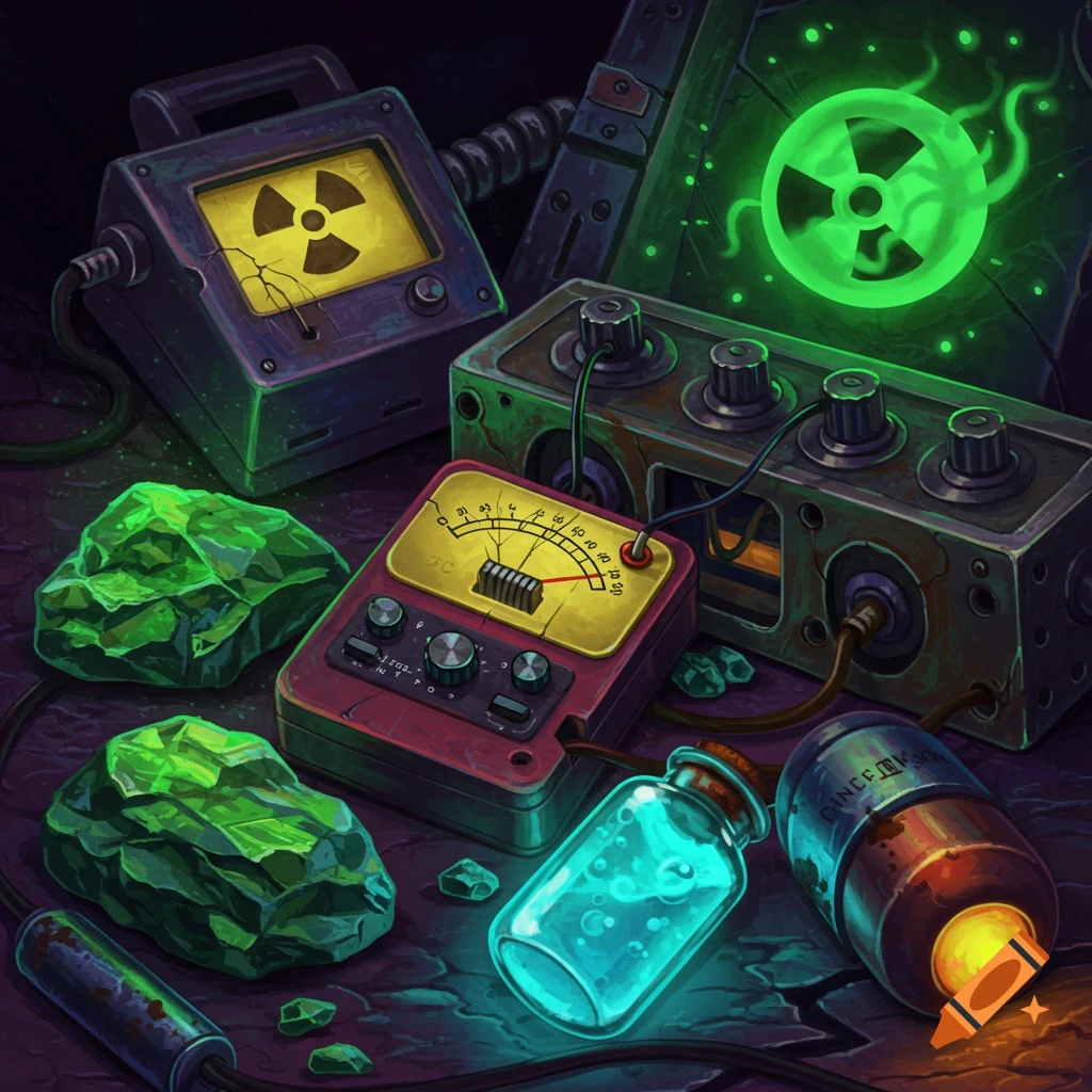 Radioactive items, including a Geiger counter, meter, glowing rocks, bottle, and metal cylinder.