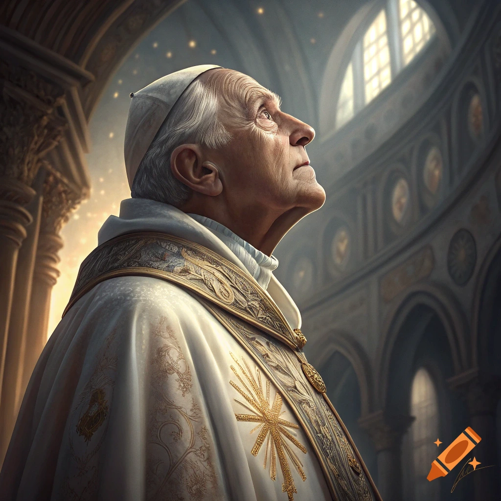The Pope looking upwards in a grand church