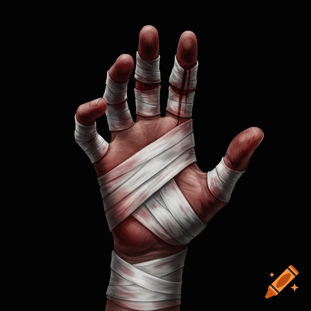 A hand wrapped in bloody bandages.