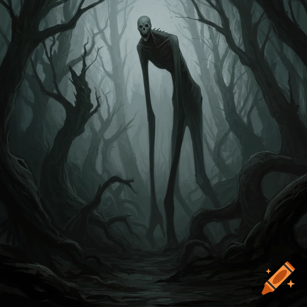 A tall, skinny, skeletal figure with a skull face stands in a dark, foggy forest.