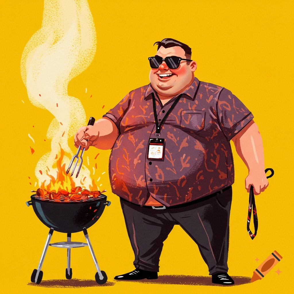 A man in sunglasses and patterned shirt is grilling food.