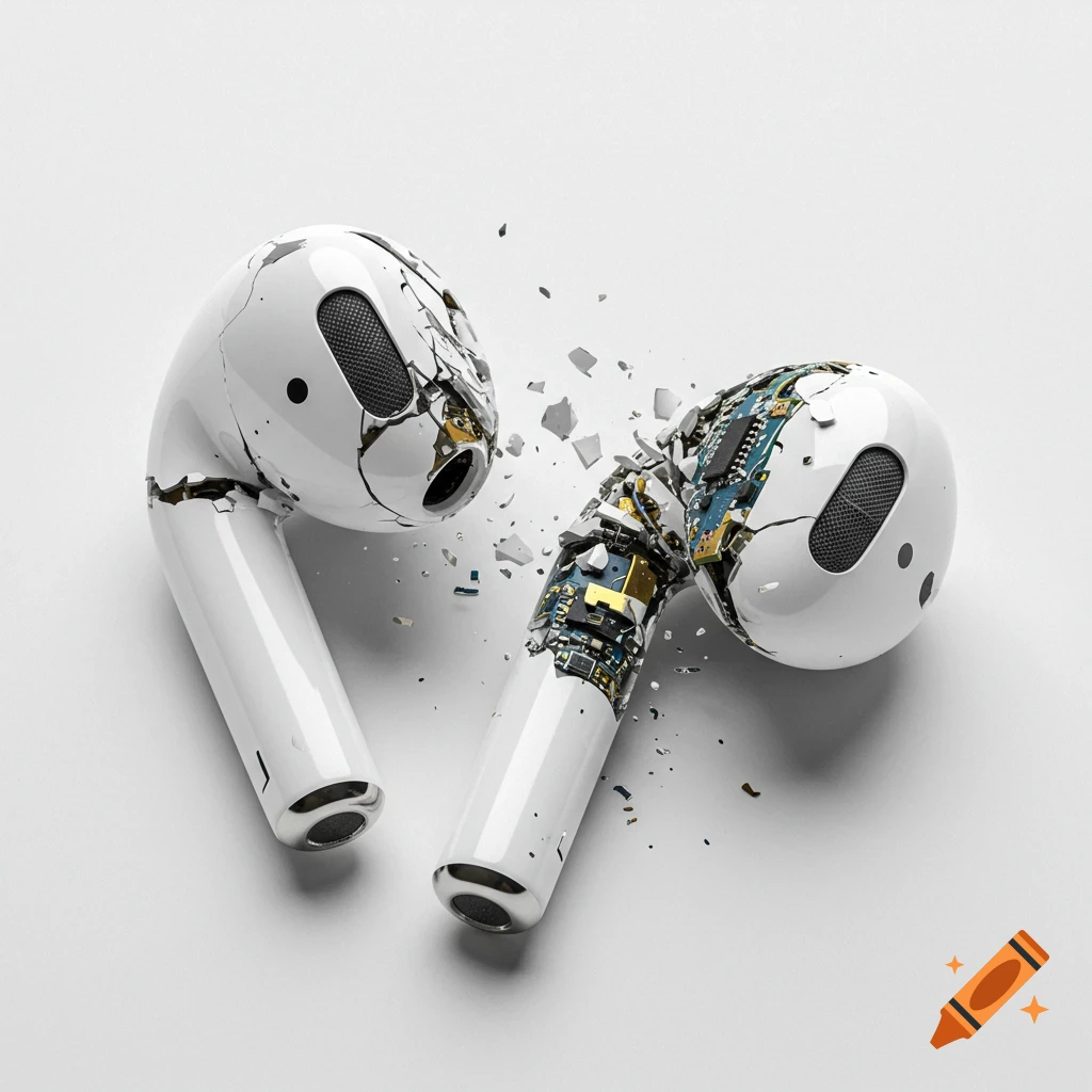 Two broken white wireless earbuds revealing internal components with debris scattered.