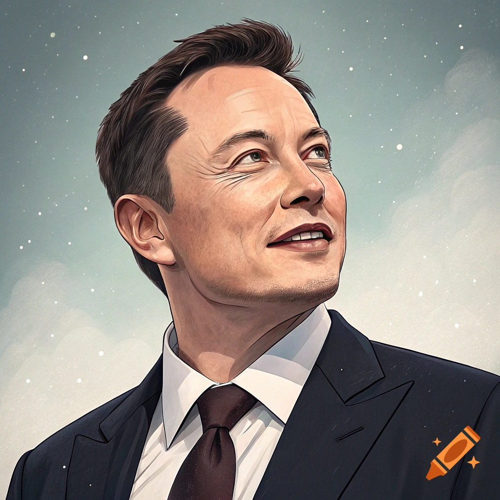 Illustration of Elon Musk in a suit, looking up against a cloudy, starry sky.