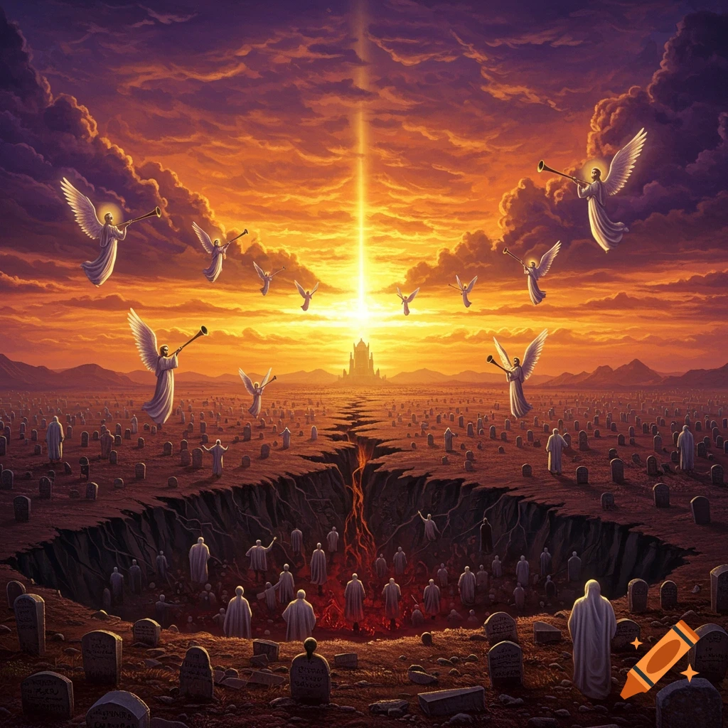 Angels with trumpets are shown over a graveyard, with figures rising from cracked earth towards a bright light in the sky.
