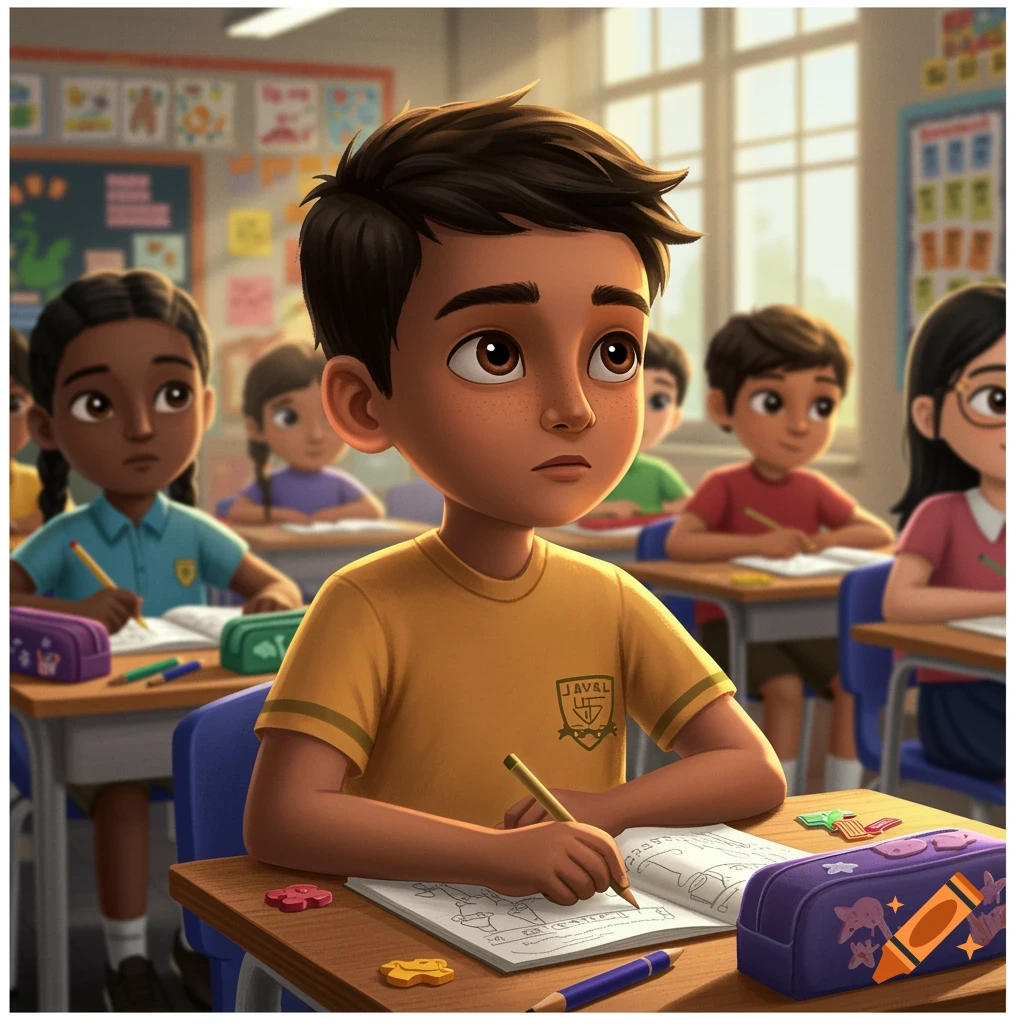 A stylized illustration of children learning in a classroom.