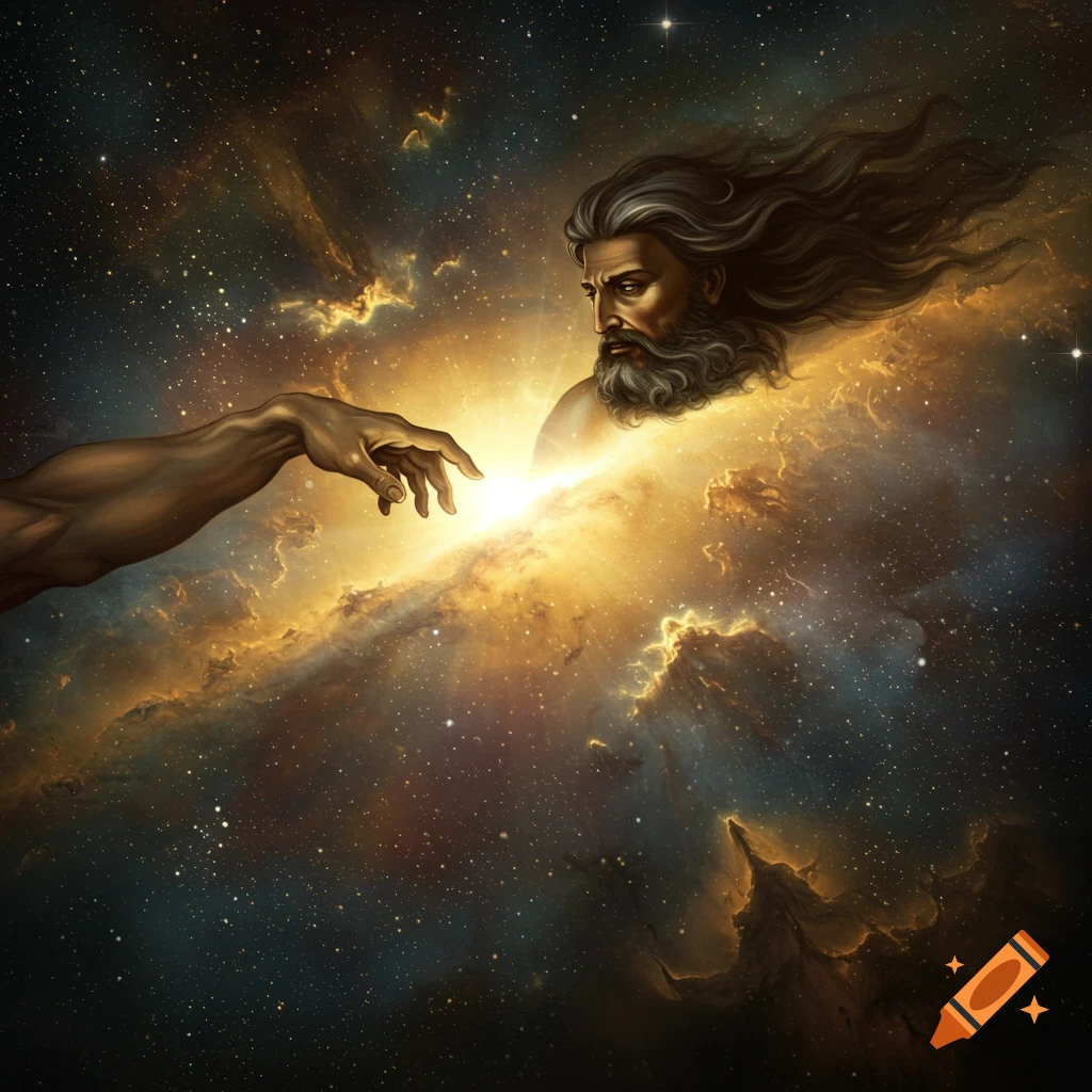 A hand reaching toward a godlike figure surrounded by a nebula in space, depicting creation.