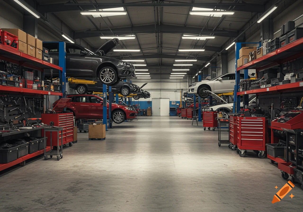 A photorealistic view inside an auto repair shop with cars on lifts, tools on shelves, and a clear floor.