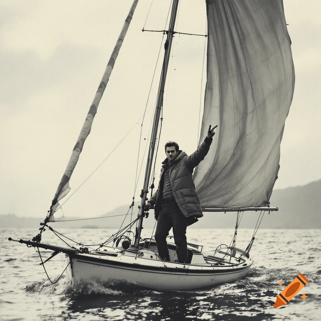 Grayscale photo of a man on a sailboat making a peace sign in choppy water.