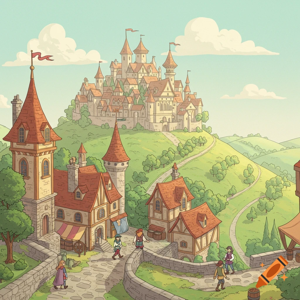 A cartoon illustration of a medieval town and castle built on a hill, with people walking on a stone path in the foreground.
