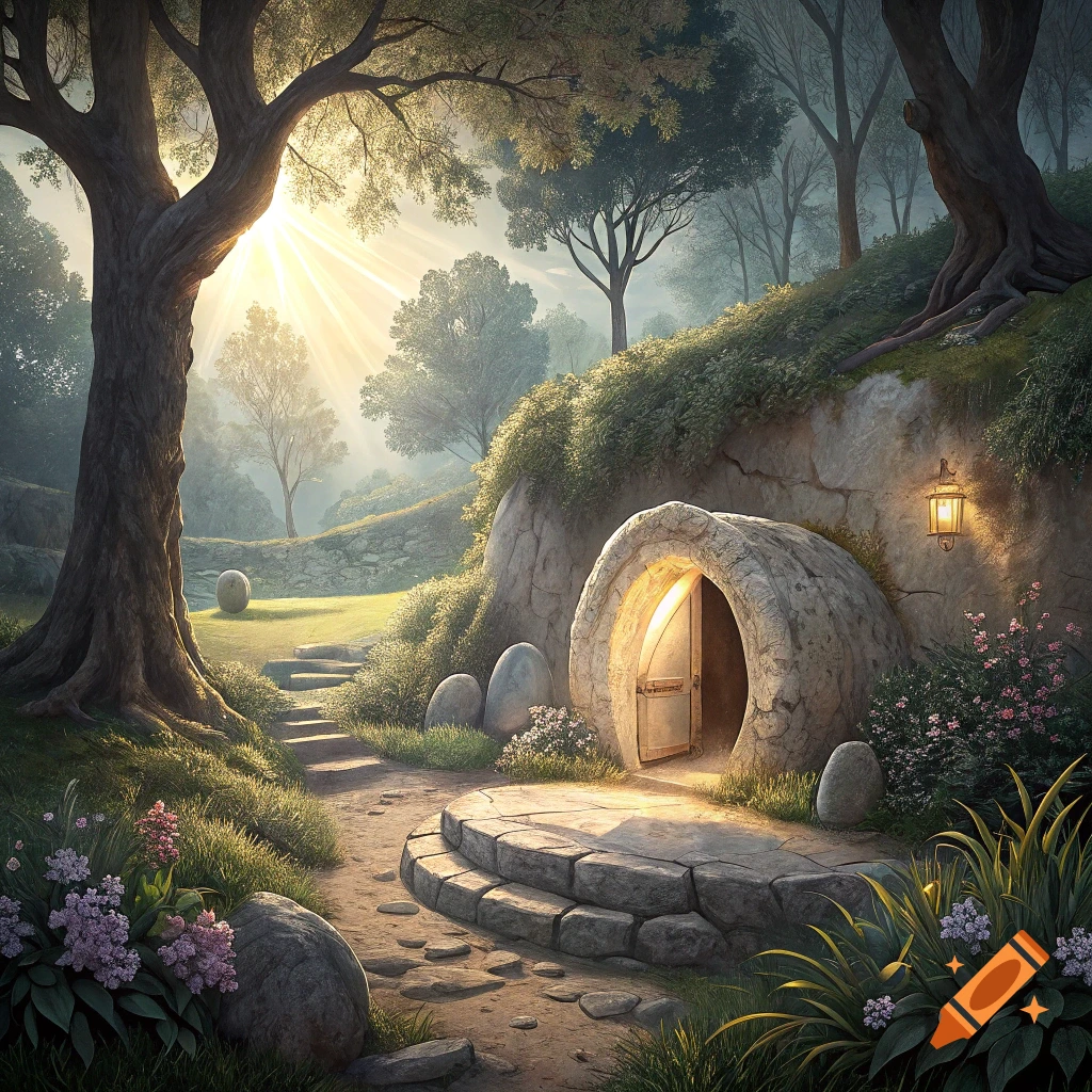 A sunlit scene of an empty tomb entrance carved into a hillside with a large stone nearby, trees, and steps.