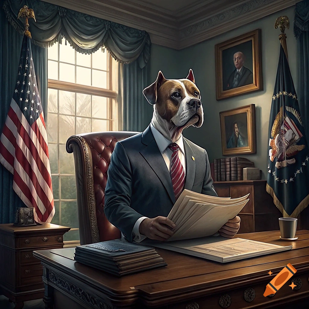 A dog in a suit sits at a large desk in an office with US flags and portraits.