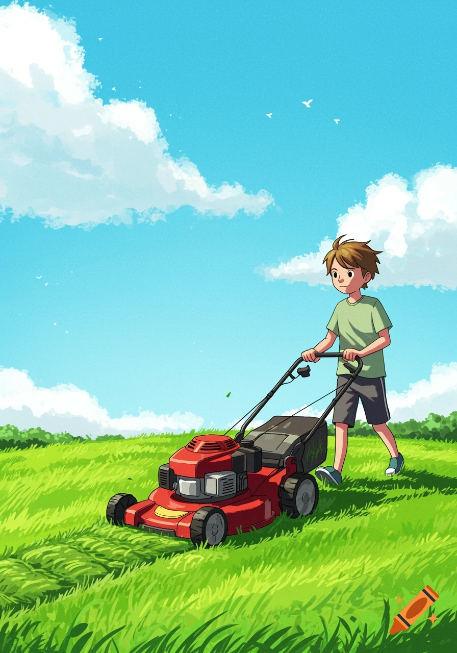 Cartoon boy mowing a green lawn under a sunny blue sky with clouds.