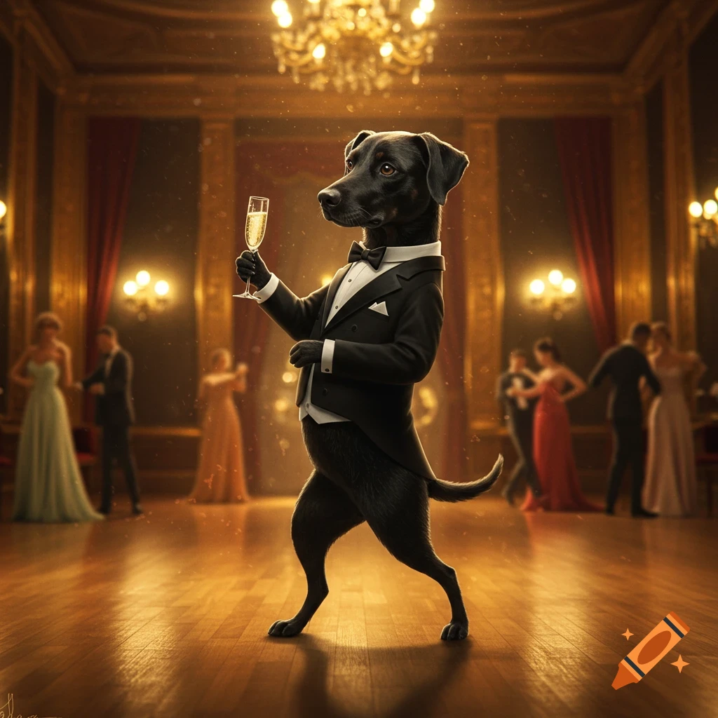 A black dog in a tuxedo dances in an elegant ballroom holding a champagne glass.