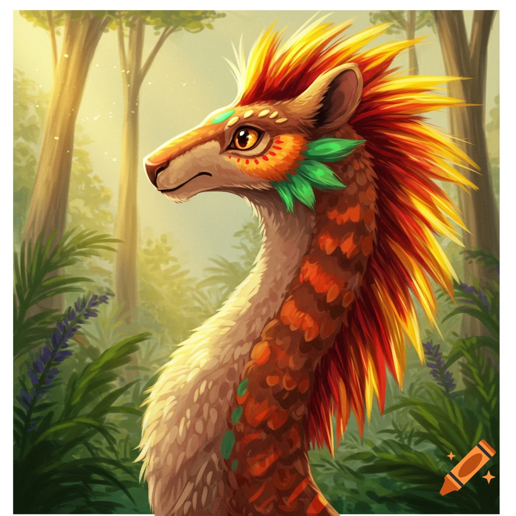 A fantasy creature with a long neck and fiery mane in a forest.