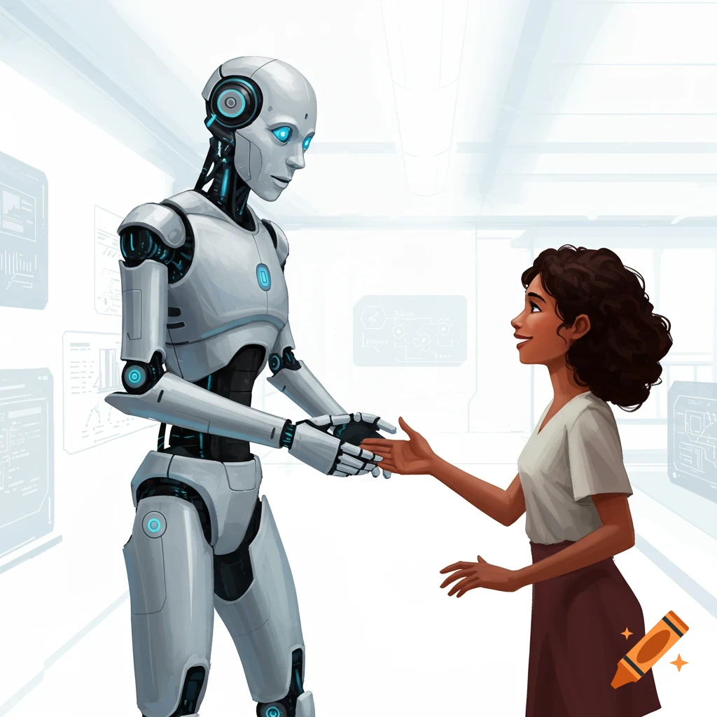A robotic hand and a human hand reaching for a handshake in a futuristic lab.