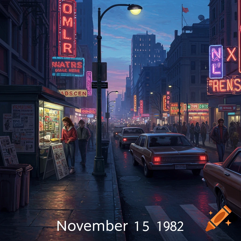 City street scene at dusk in the 1980s with neon signs, cars, and pedestrians