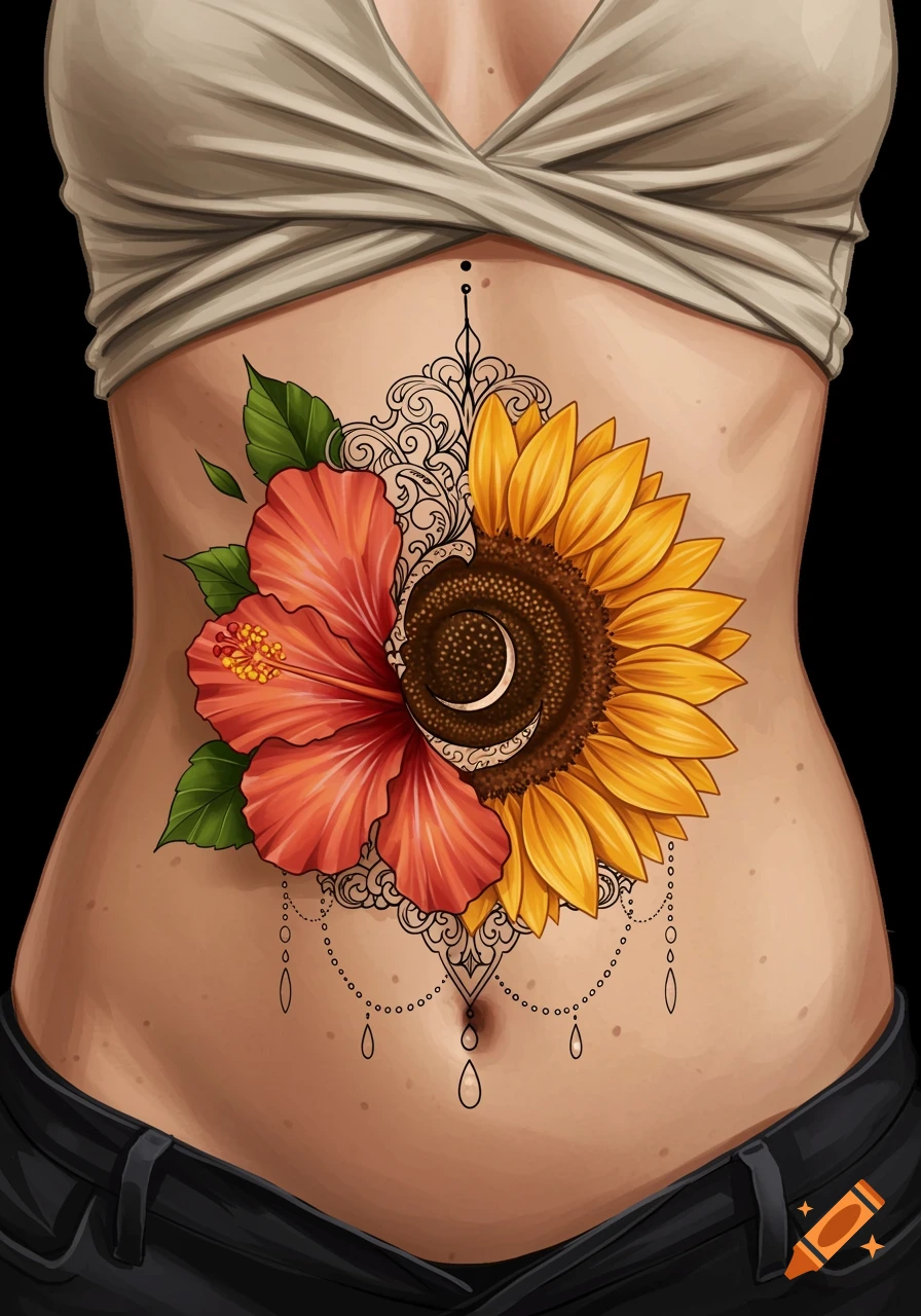 A tattoo on an abdomen featuring a hibiscus, sunflower, moon, and filigree.