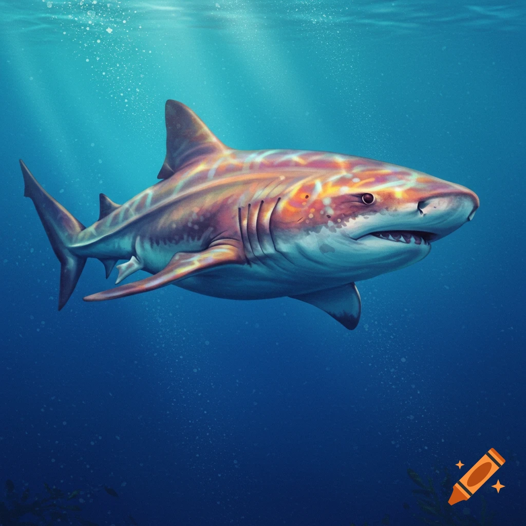 A colorful shark swimming in the ocean.