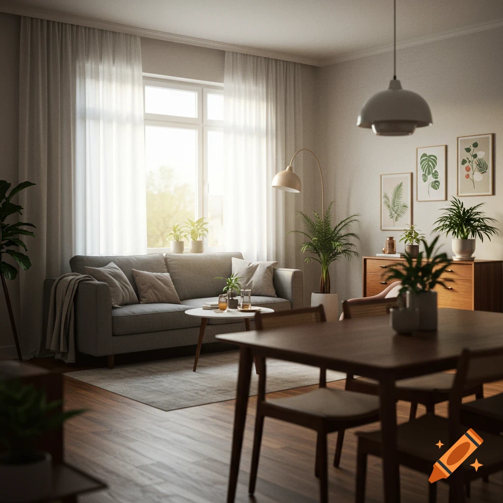 Sunlit modern living room with grey sofa, wood dining table, and plants