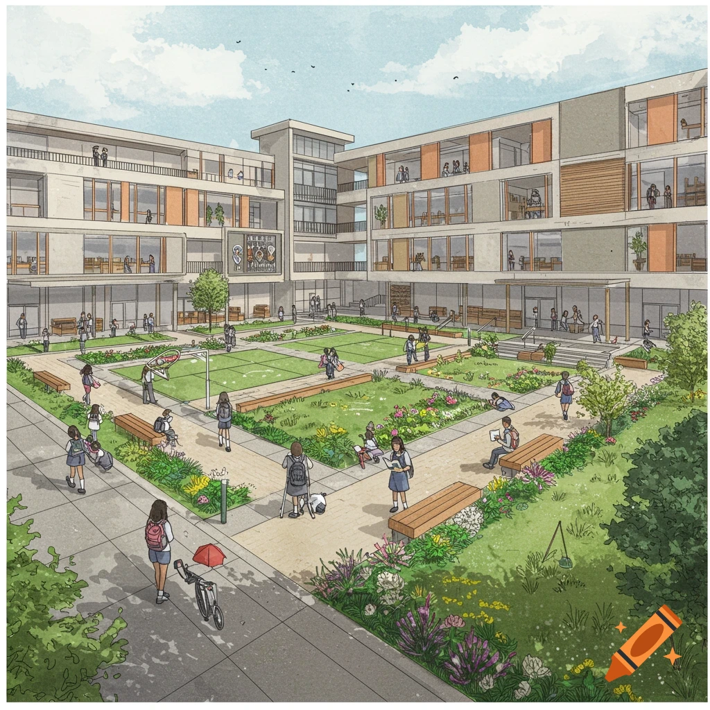 A modern school courtyard with students, gardens, and a multi-story building.