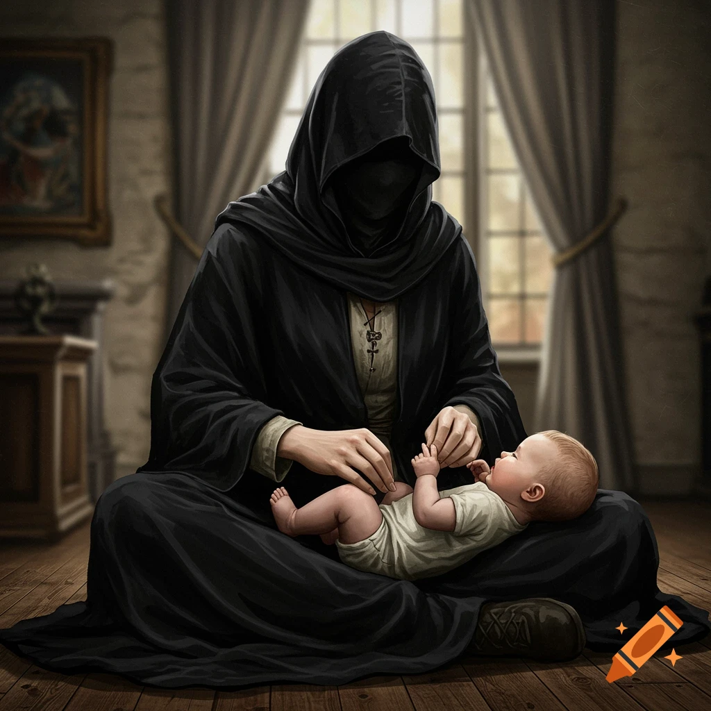 A hooded figure in a black robe holds a baby on the floor in a dark room.