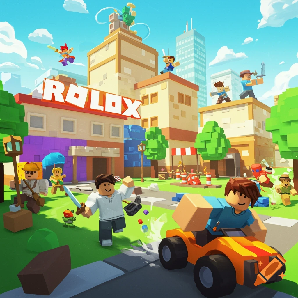 Stylized blocky video game art of Roblox characters in a cityscape with buildings and characters playing.