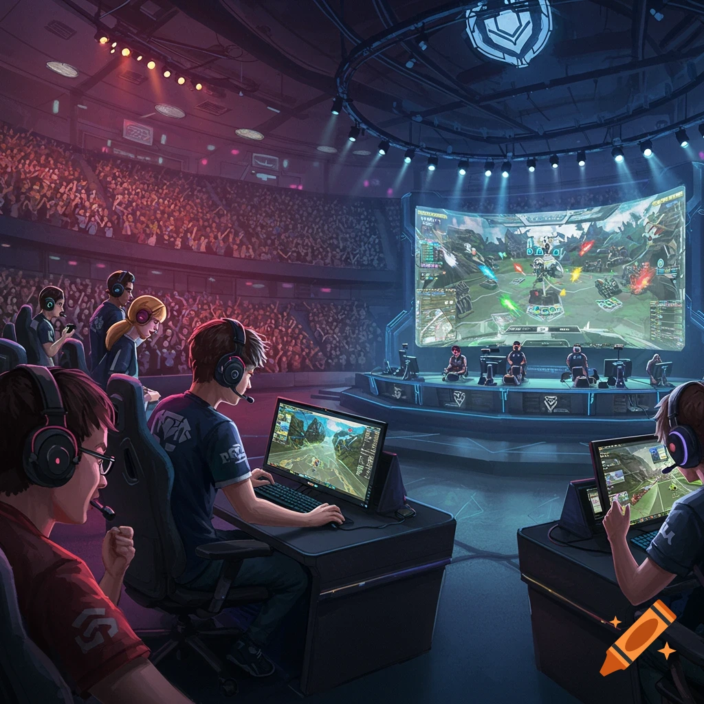 Esports competition with players on stage and a large audience.