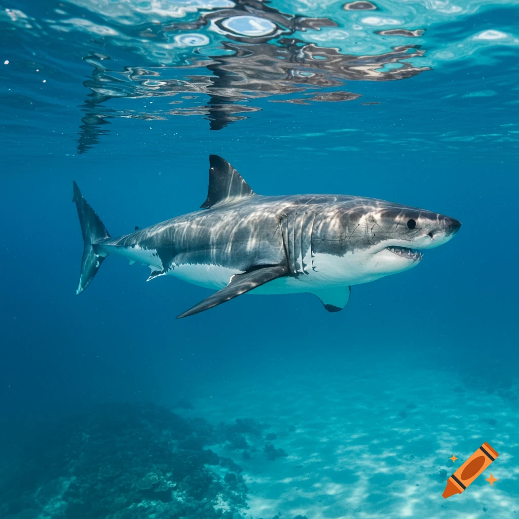 A great white shark swims underwater with the surface visible above.