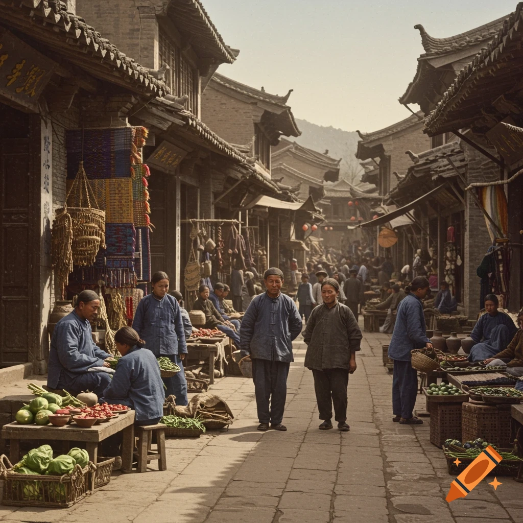 Photorealistic image of a bustling ancient Chinese market street with people and stalls