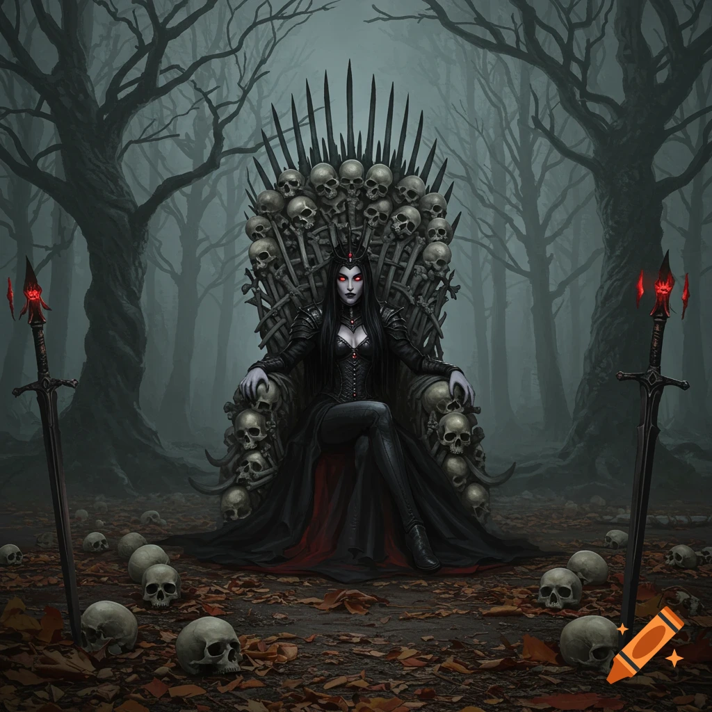 A dark queen sits regally upon a throne of skulls within a misty forest.