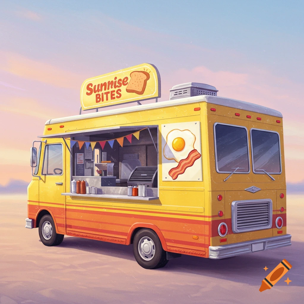A yellow and orange breakfast food truck with a Sunrise BITES sign, egg, and bacon graphic.