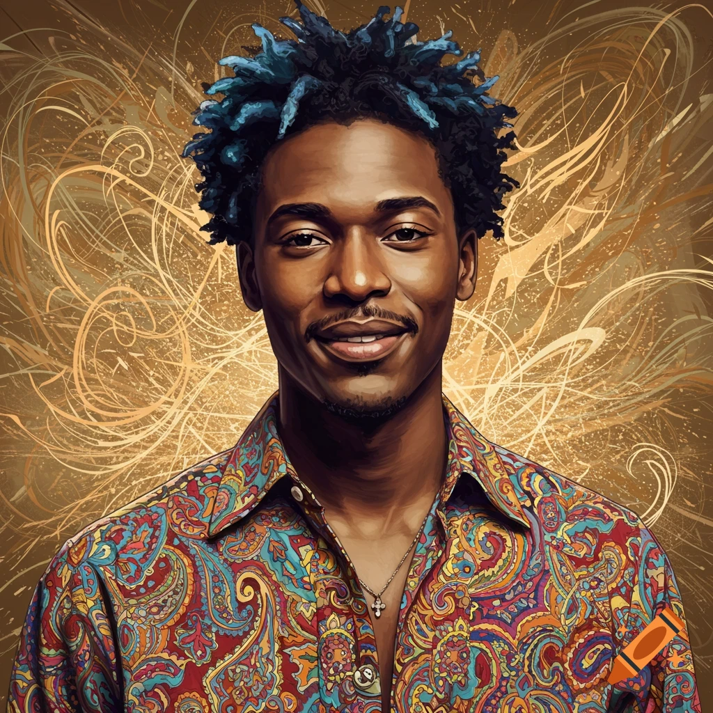 Image of a man with blue dreadlocks and a colorful paisley shirt against a gold abstract background.