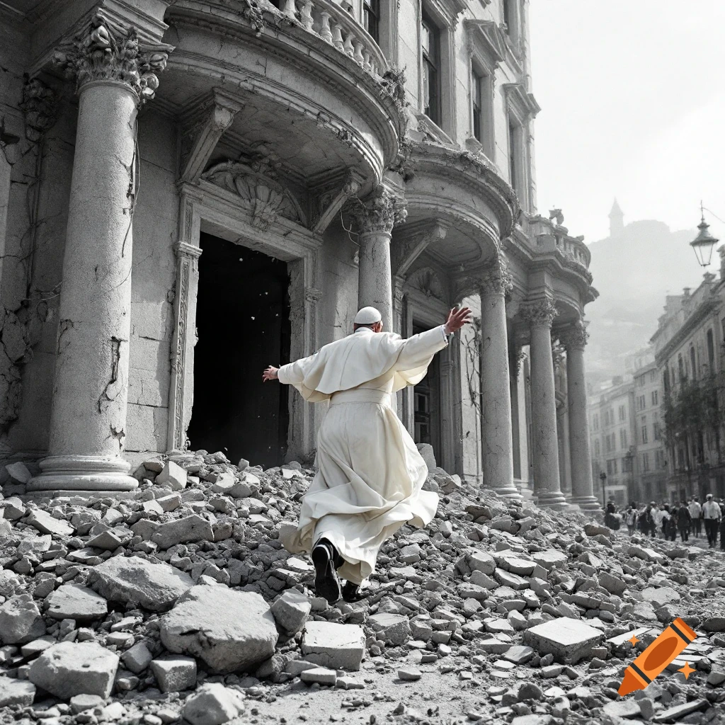 Photorealistic image of a Pope running from a crumbling building after an earthquake.