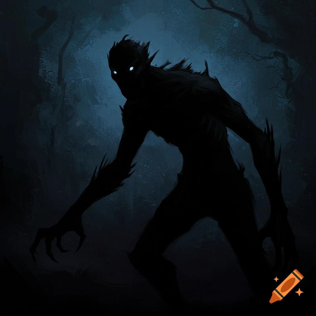 A shadowy monster with glowing eyes in a dark forest.
