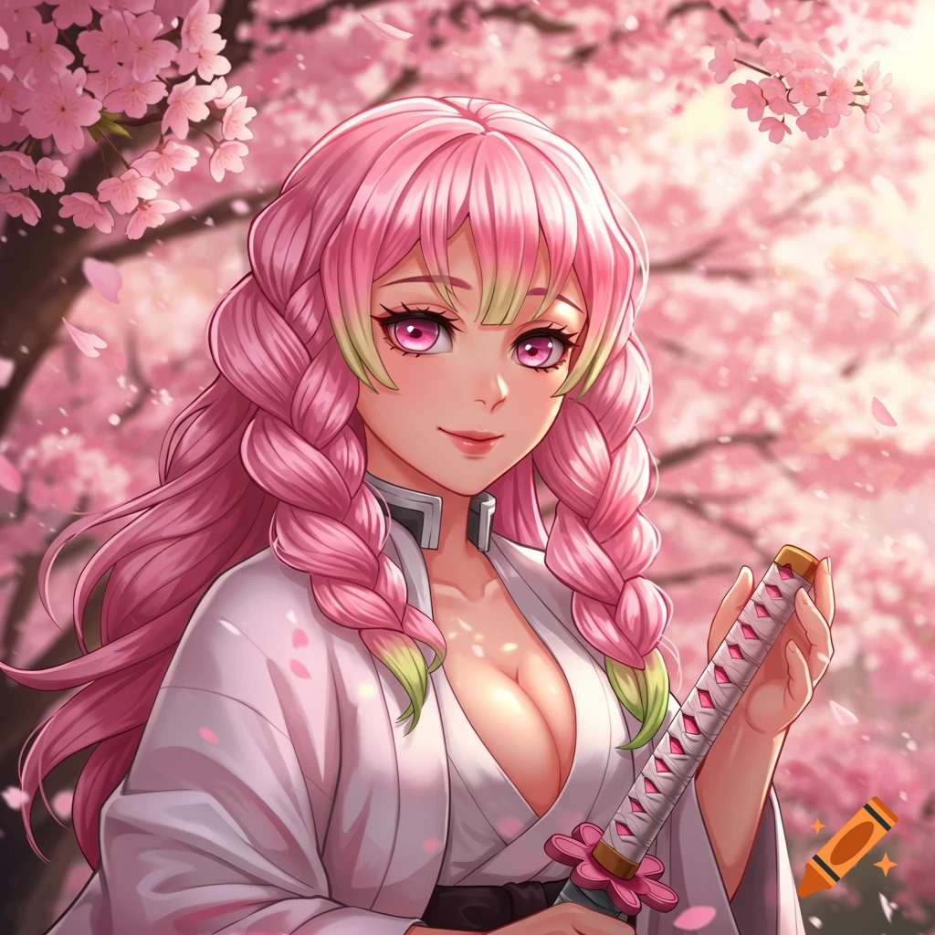 Anime character Kanroji Mitsuri holding a sword under cherry blossoms