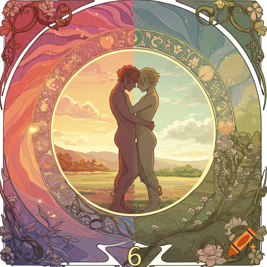 Art Nouveau illustration of two figures embracing in a symbolic frame with a landscape background and the number 6.