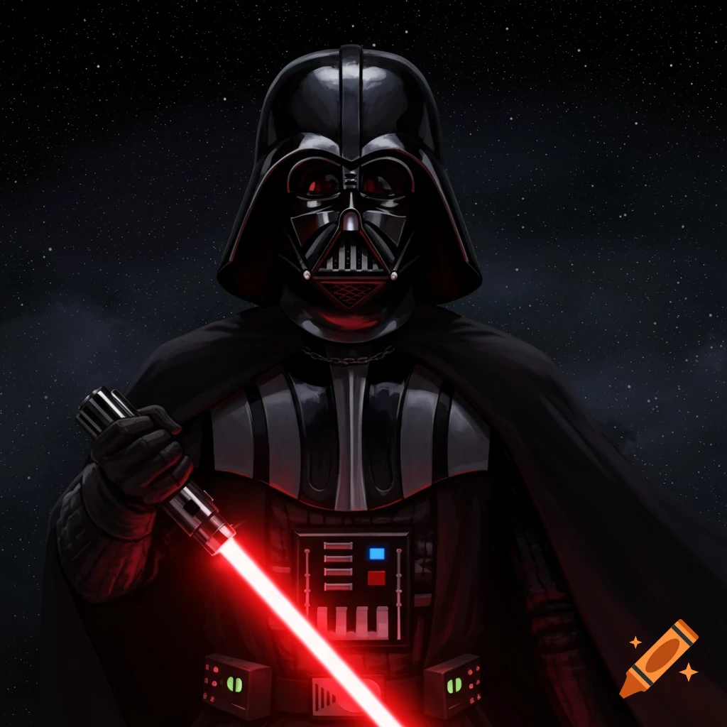 Darth Vader with a red lightsaber against a starry background.