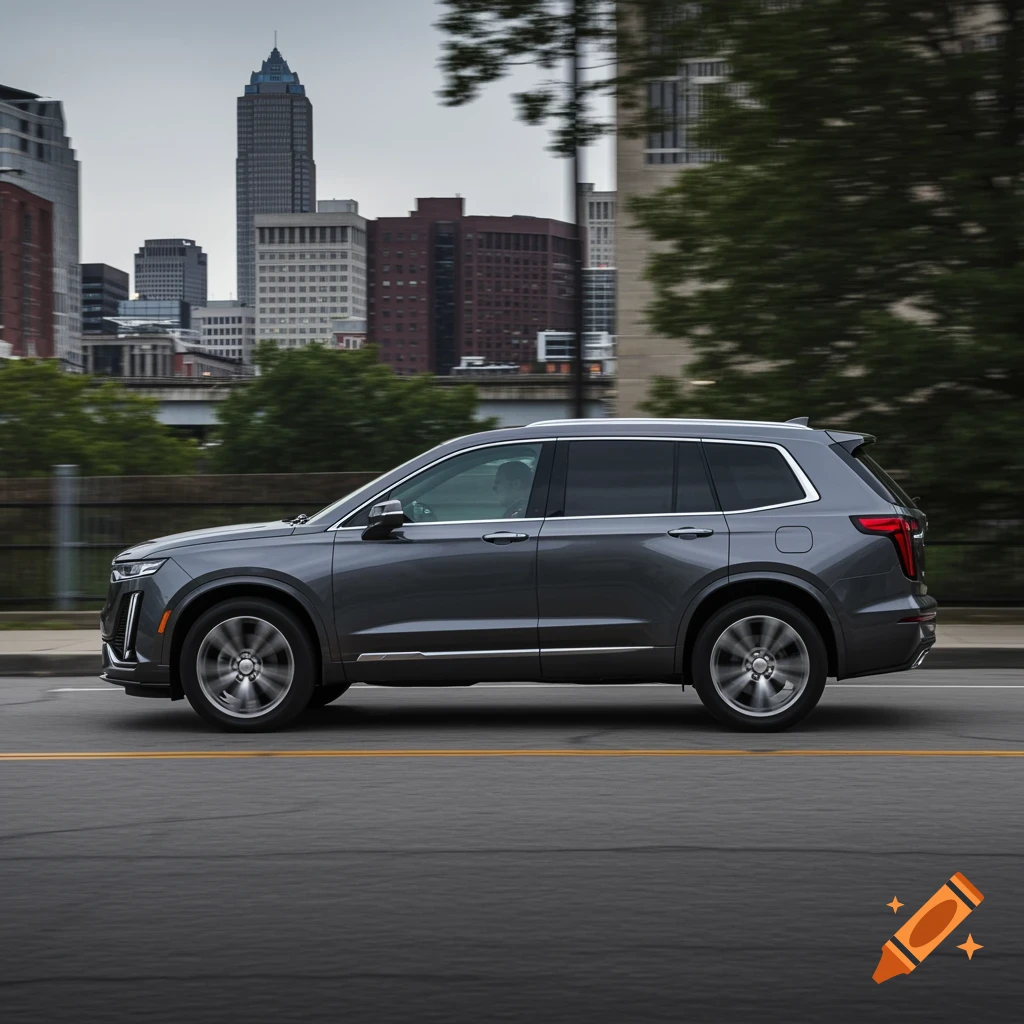 A grey Cadillac XT6 SUV drives on a road in front of a city skyline.