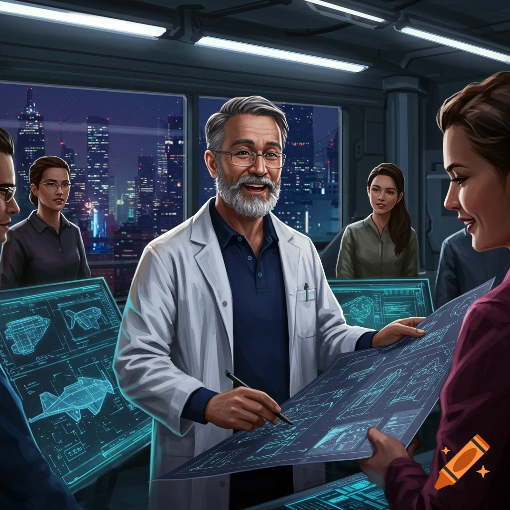 Aerospace engineers discussing blueprints in a meeting room with a city skyline view.