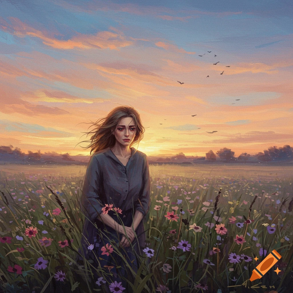 Oil painting of a sad woman standing in a field of wildflowers at sunset.