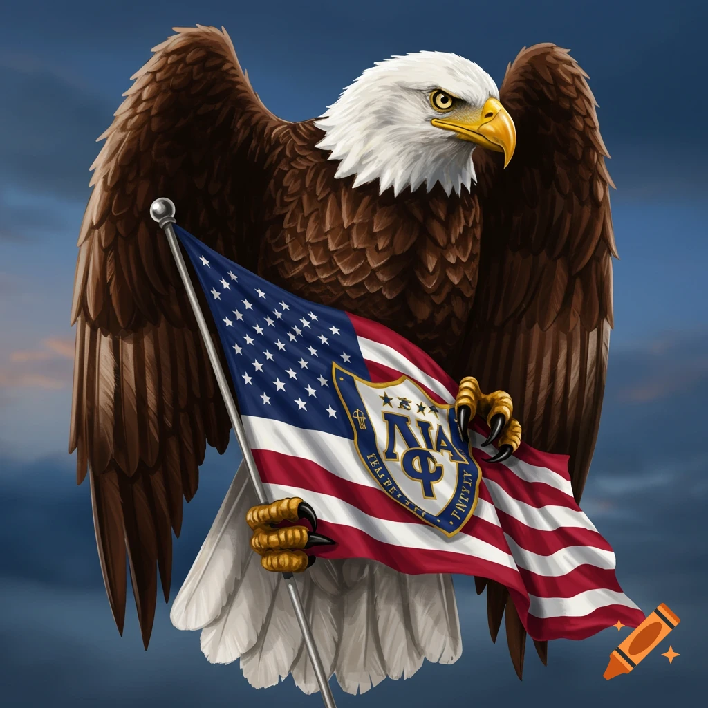 Bald eagle holds a US flag with a shield emblem.