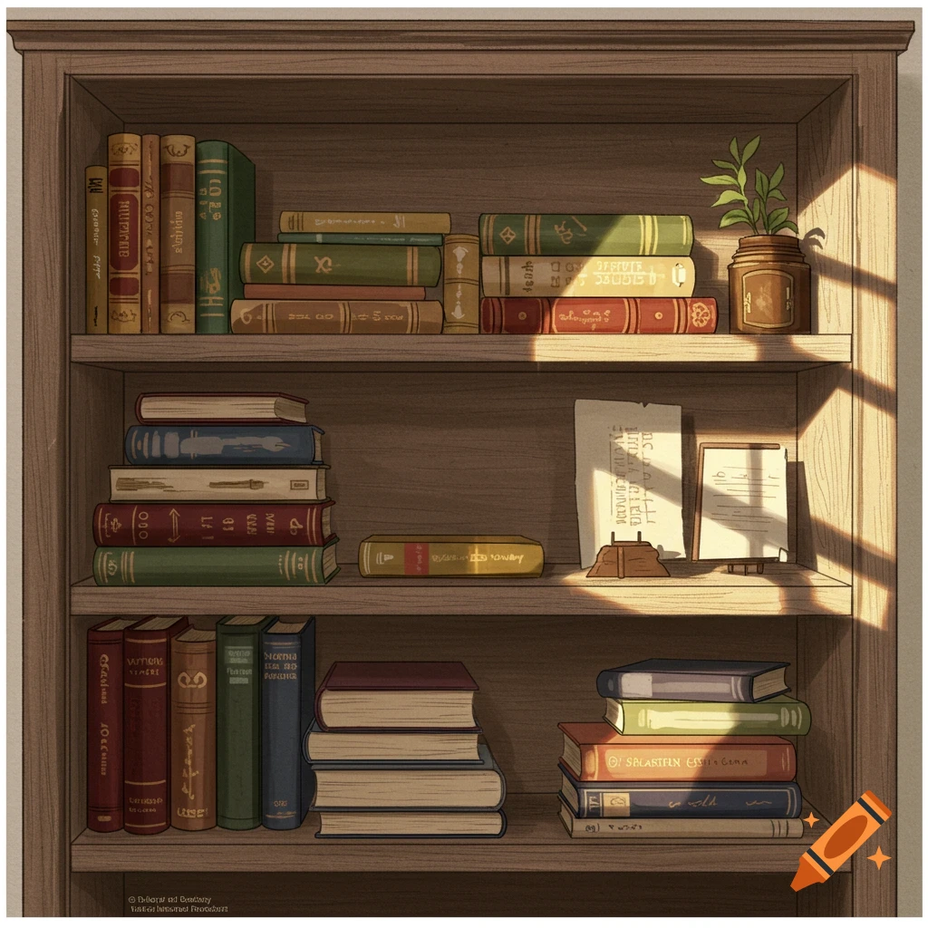 A bookshelf filled with books, a plant, and papers, bathed in sunlight.