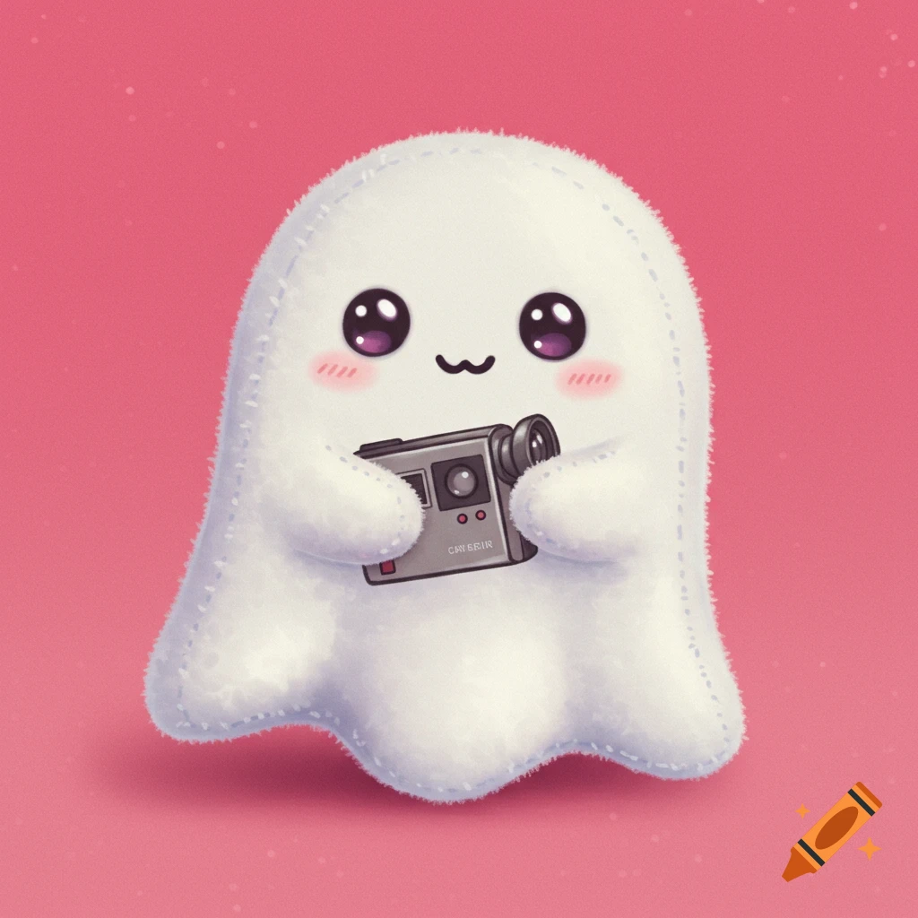 Cute white ghost plushie holding a camcorder on a pink background.